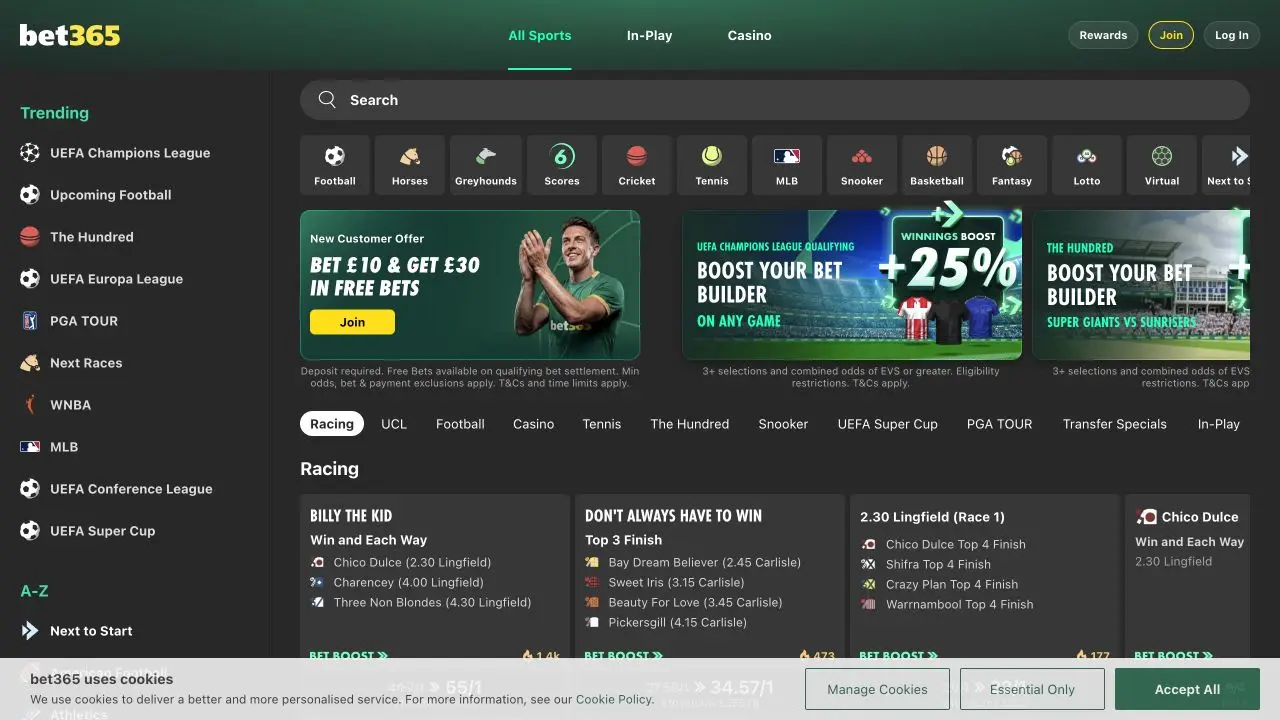 Publiczny interfejs bet365 pokazany jako materiał identyfikacyjny, nie rekomendacja gry