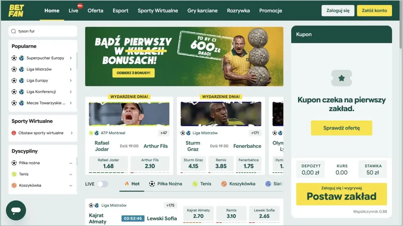 Zielono-żółty pulpit Betfan z centralną ofertą sportową