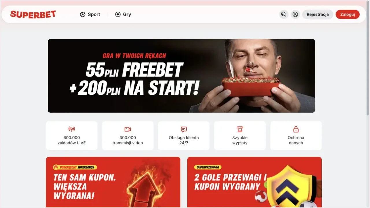 Jasny ekran startowy Superbet z czerwonymi akcentami