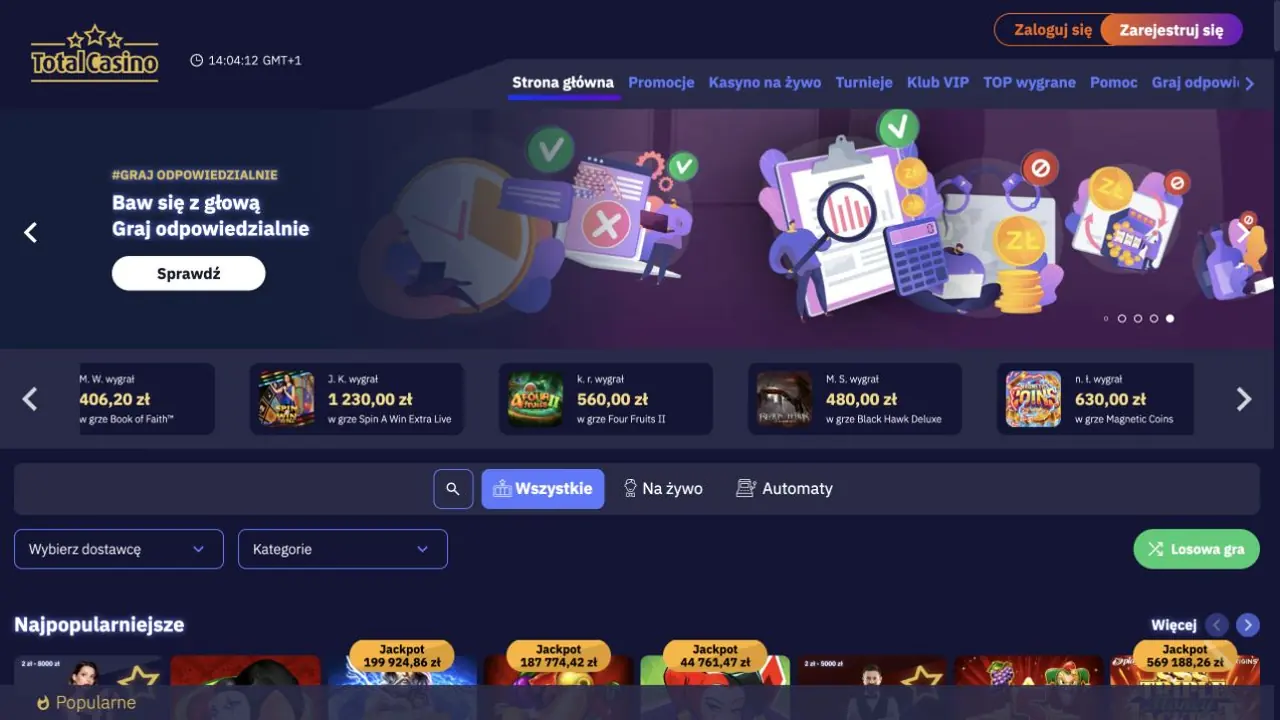 Czysty zrzut strony głównej Total Casino