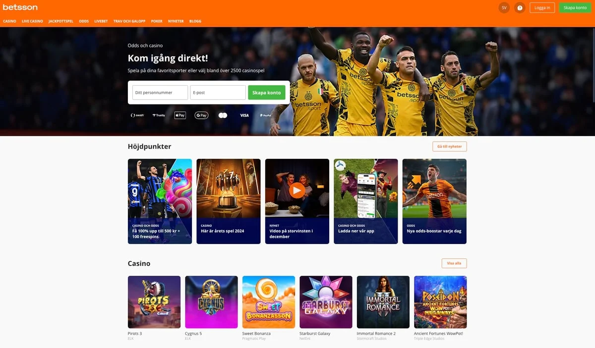 Czysty widok strony głównej Betsson