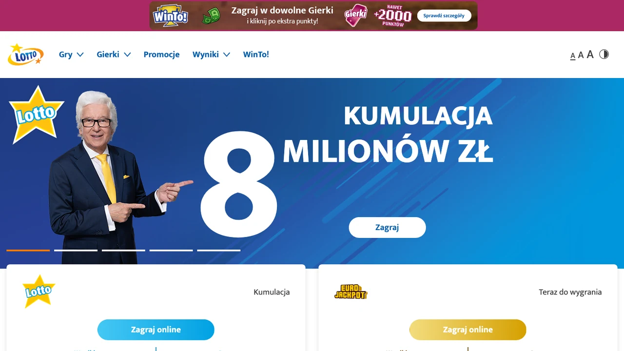 Zrzut strony glownej lotto.pl w wersji polskiej, stan na 20 sierpnia 2026