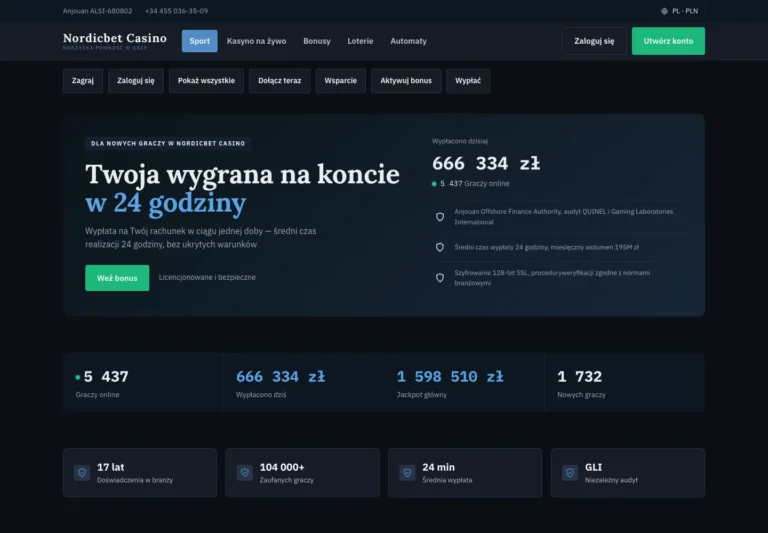 Strona główna nordicbet.pl z 6 września 2026, w nagłówku napis Anjouan ALSI-680802