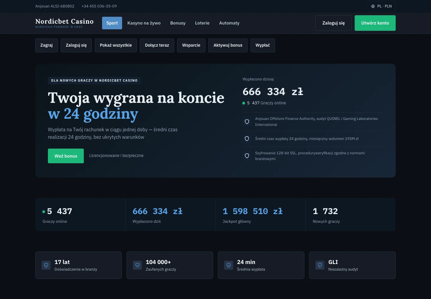 Strona główna nordicbet.pl z 6 września 2026, w nagłówku napis Anjouan ALSI-680802