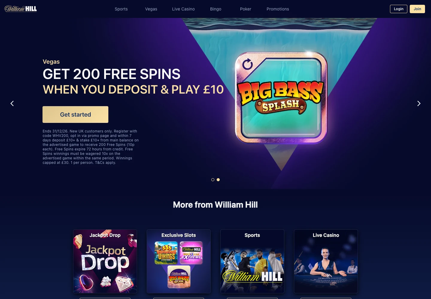 Brytyjska strona główna William Hill z menu i kaflami produktów, 6 września 2026